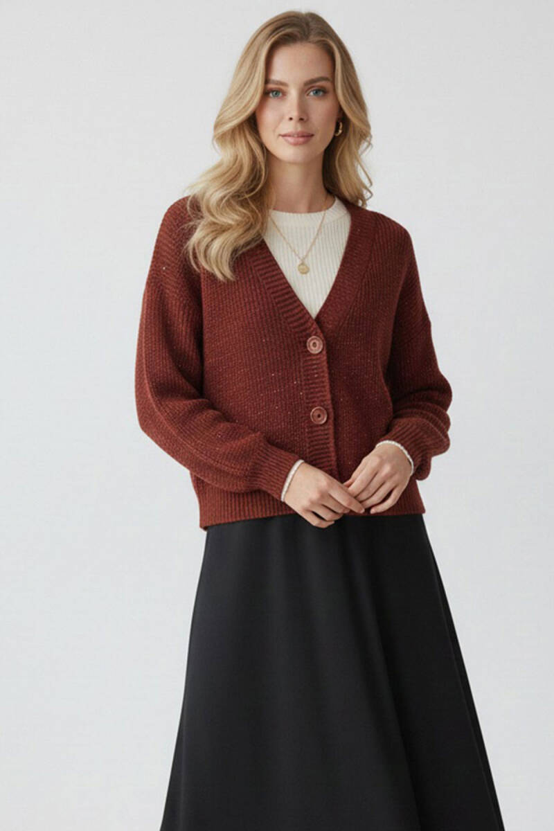 Kadın Crop Triko Hırka 15955 - Bordo - BİGDART