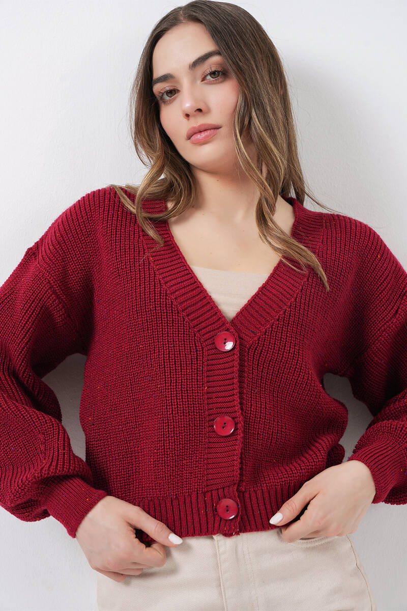 Kadın Crop Triko Hırka 15955 - Bordo - BİGDART