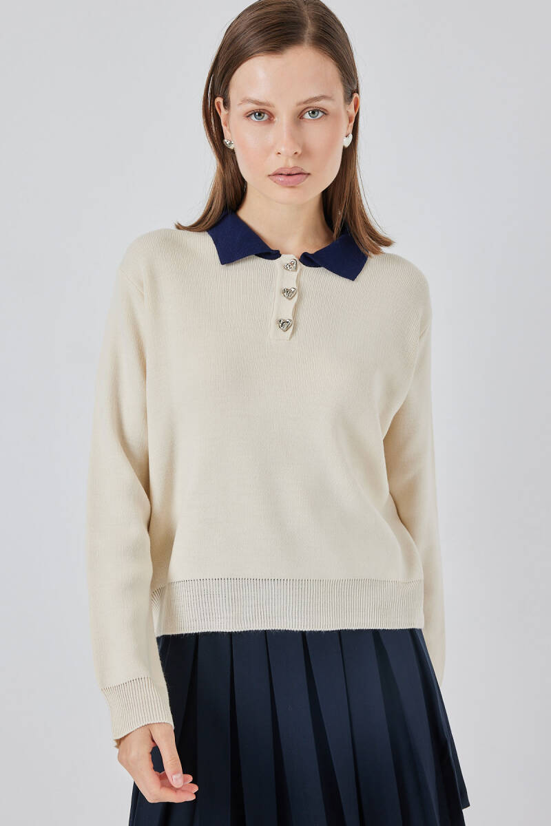 Kadın Crop Triko Kazak 15936 - Krem - BİGDART