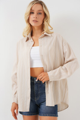 Kadın Çizgili Oversize Gömlek 20293 - Krem 