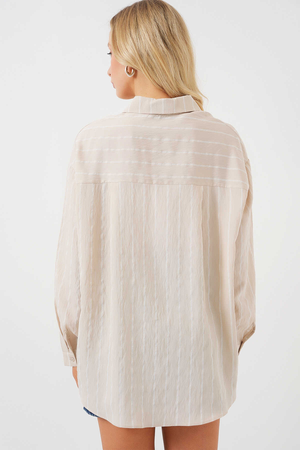 Kadın Çizgili Oversize Gömlek 20293 - Krem - 6
