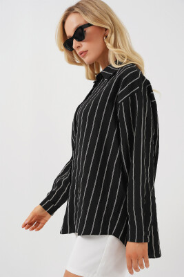 Kadın Çizgili Oversize Gömlek 20293 - Siyah - 3