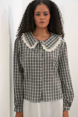 Kadın Dantel Yaka Ekoseli Gömlek 20387 - Siyah - 4