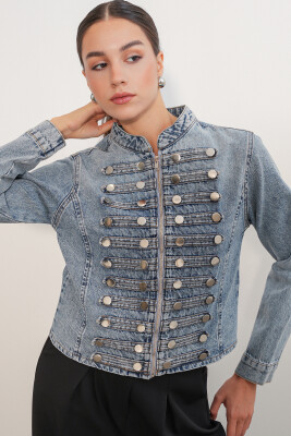 Kadın Dar Kesim Düğmeli Denim Ceket 0764 - Mavi - 1