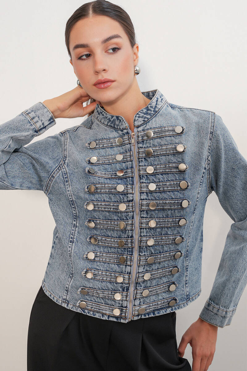 Kadın Dar Kesim Düğmeli Denim Ceket 0764 - Mavi