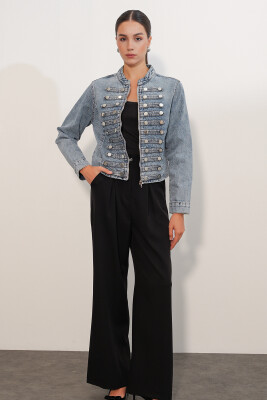 Kadın Dar Kesim Düğmeli Denim Ceket 0764 - Mavi - 2