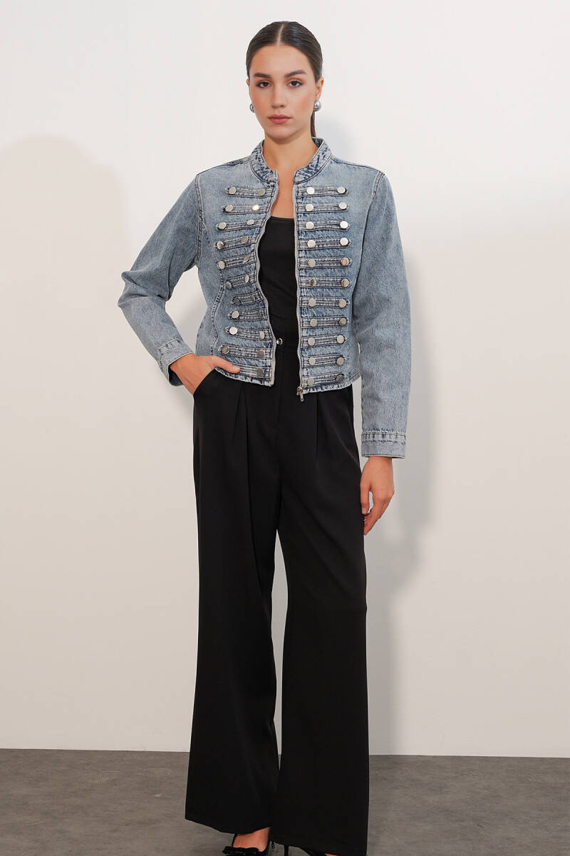 Kadın Dar Kesim Düğmeli Denim Ceket 0764 - Mavi (1)