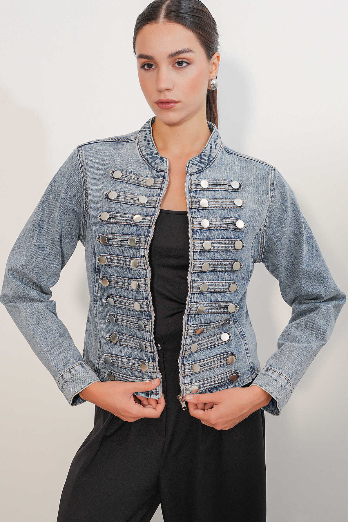 Kadın Dar Kesim Düğmeli Denim Ceket 0764 - Mavi - 3