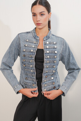 Kadın Dar Kesim Düğmeli Denim Ceket 0764 - Mavi - 3