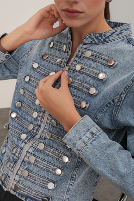 Kadın Dar Kesim Düğmeli Denim Ceket 0764 - Mavi - 5