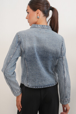 Kadın Dar Kesim Düğmeli Denim Ceket 0764 - Mavi - 6