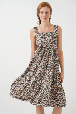 Kadın Desenli Askılı Midi Elbise 2577 - C. Kahverengi 