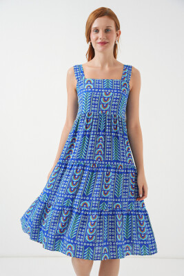 Kadın Desenli Askılı Midi Elbise 2577 - Saks 