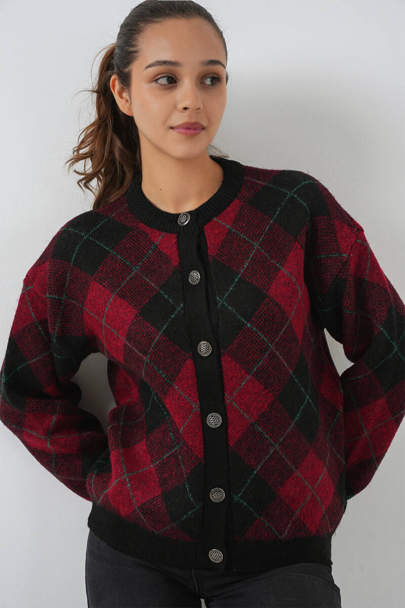 Kadın Desenli Düğmeli Triko Hırka 15927 - Bordo - BİGDART