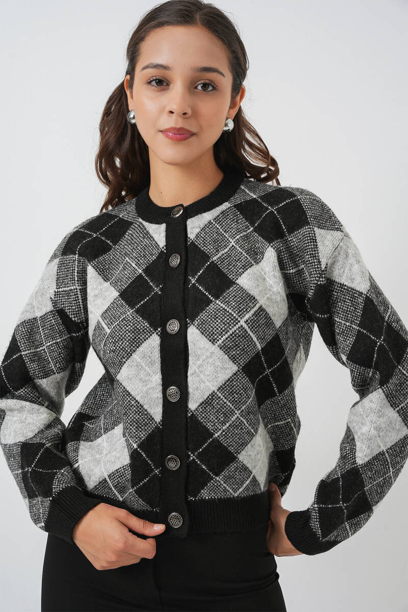 Kadın Desenli Düğmeli Triko Hırka 15927 - Siyah - BİGDART