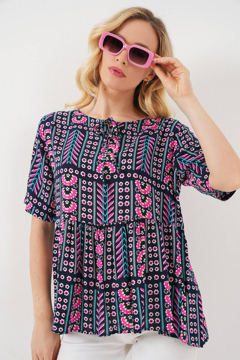 Kadın Desenli Kısa Kol Bluz 969 - Lacivert - BİGDART