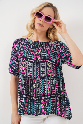 Kadın Desenli Kısa Kol Bluz 969 - Lacivert 