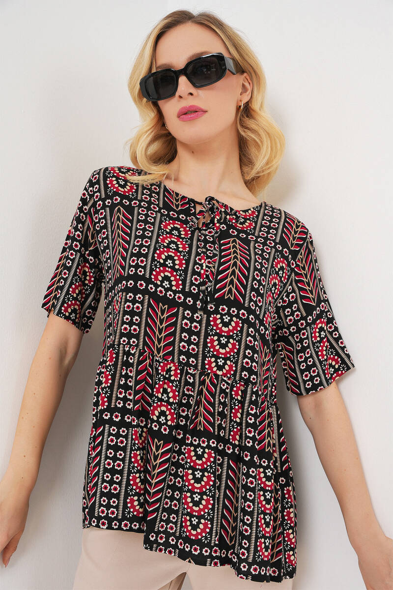 Kadın Desenli Kısa Kol Bluz 969 - Siyah - BİGDART