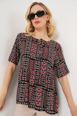 Kadın Desenli Kısa Kol Bluz 969 - Siyah 