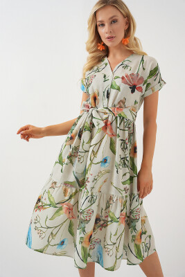 Kadın Desenli Kısa Kol Elbise 2558 - Çağla 