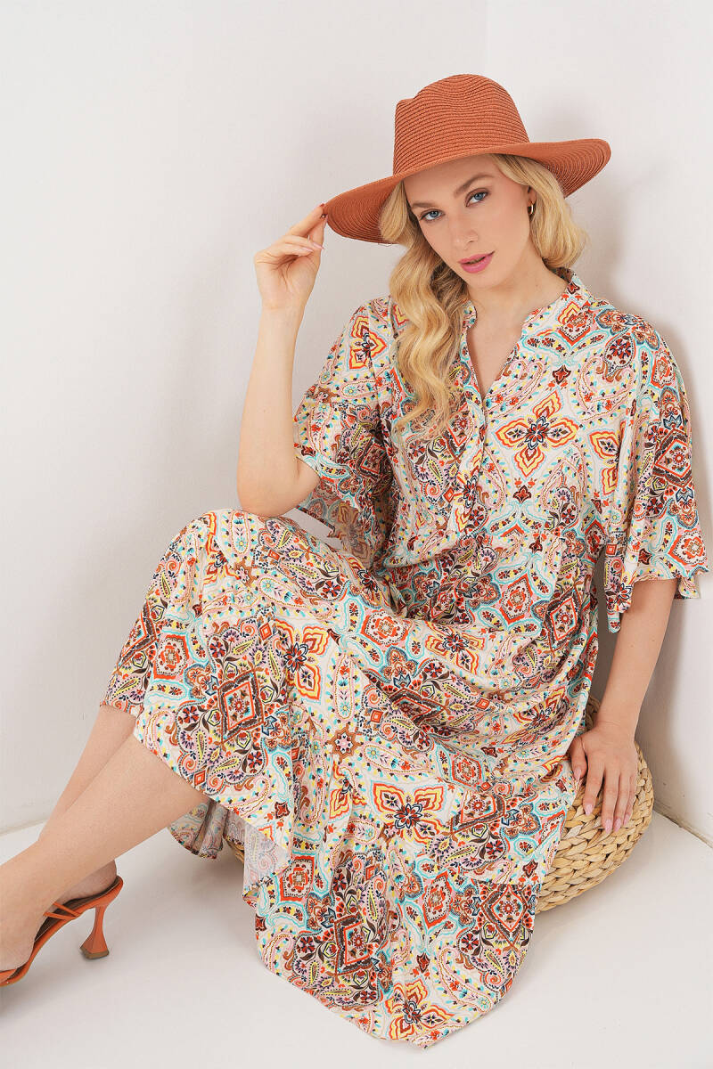 Kadın Desenli Kısa Kol Elbise 2562 - Kahverengi - BİGDART