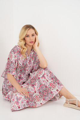 Kadın Desenli Kısa Kol Elbise 2562 - Kırmızı 