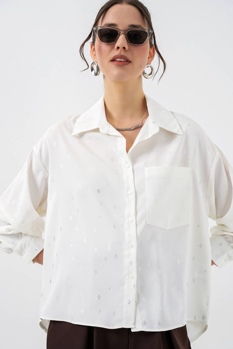 Kadın Desenli Oversize Gömlek 20361 - Gümüş - BİGDART
