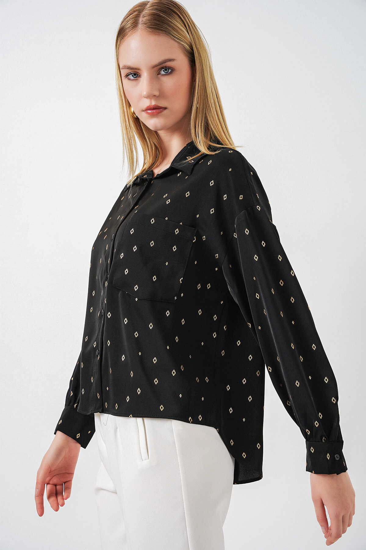 Kadın Desenli Oversize Gömlek 20361 - Siyah - 3