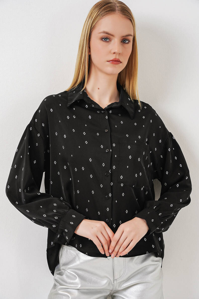 Kadın Desenli Oversize Gömlek 20361 - Siyah - Gümüş - BİGDART