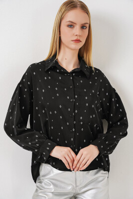 Kadın Desenli Oversize Gömlek 20361 - Siyah - Gümüş - 1