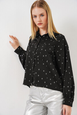 Kadın Desenli Oversize Gömlek 20361 - Siyah - Gümüş - 3