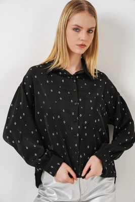 Kadın Desenli Oversize Gömlek 20361 - Siyah - Gümüş - 4