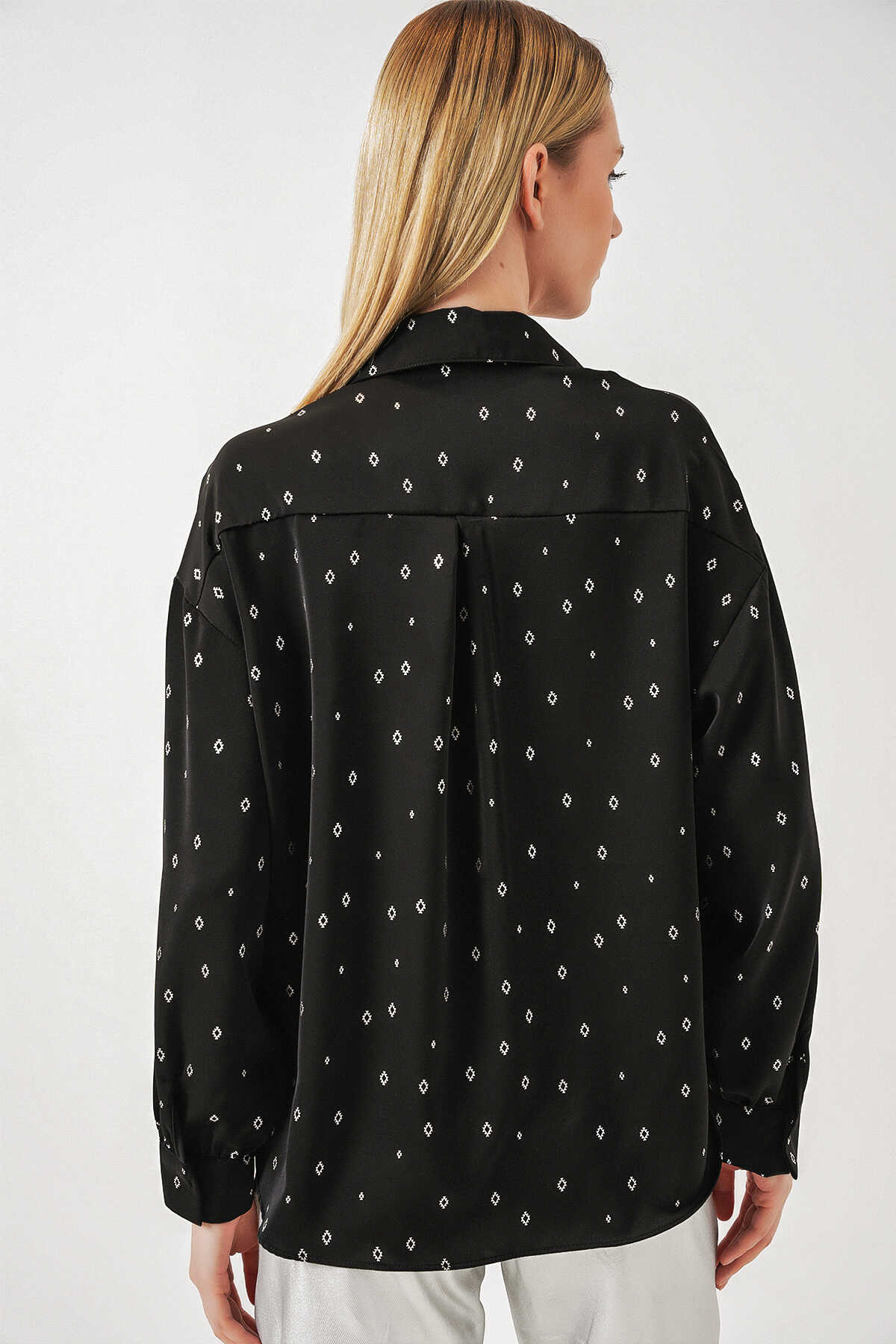 Kadın Desenli Oversize Gömlek 20361 - Siyah - Gümüş - 6
