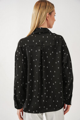 Kadın Desenli Oversize Gömlek 20361 - Siyah - Gümüş - 6