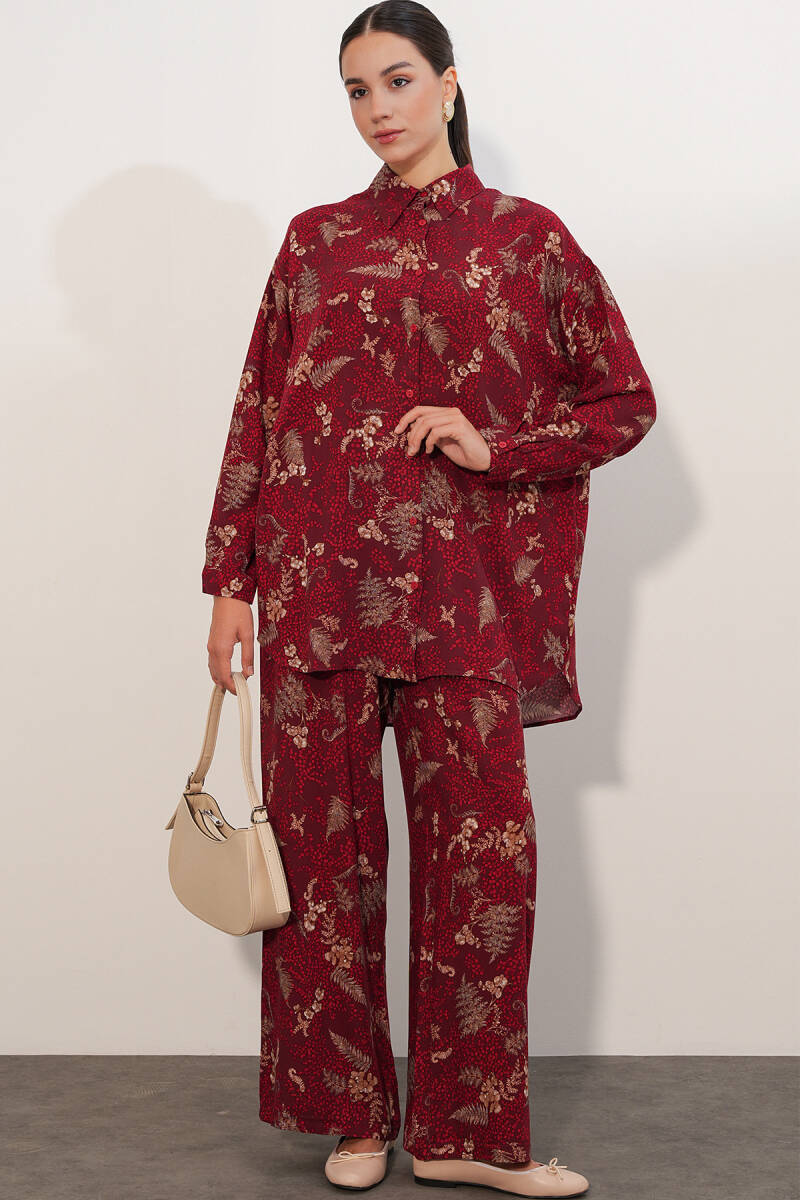 Kadın Desenli Oversize Gömlek Pantolon İkili Takım 30098 - Bordo