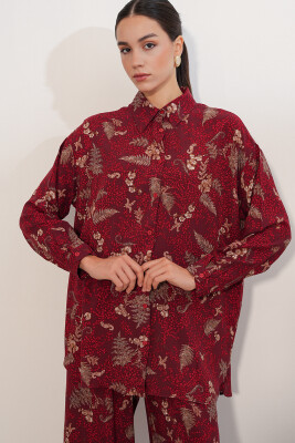Kadın Desenli Oversize Gömlek Pantolon İkili Takım 30098 - Bordo - 2
