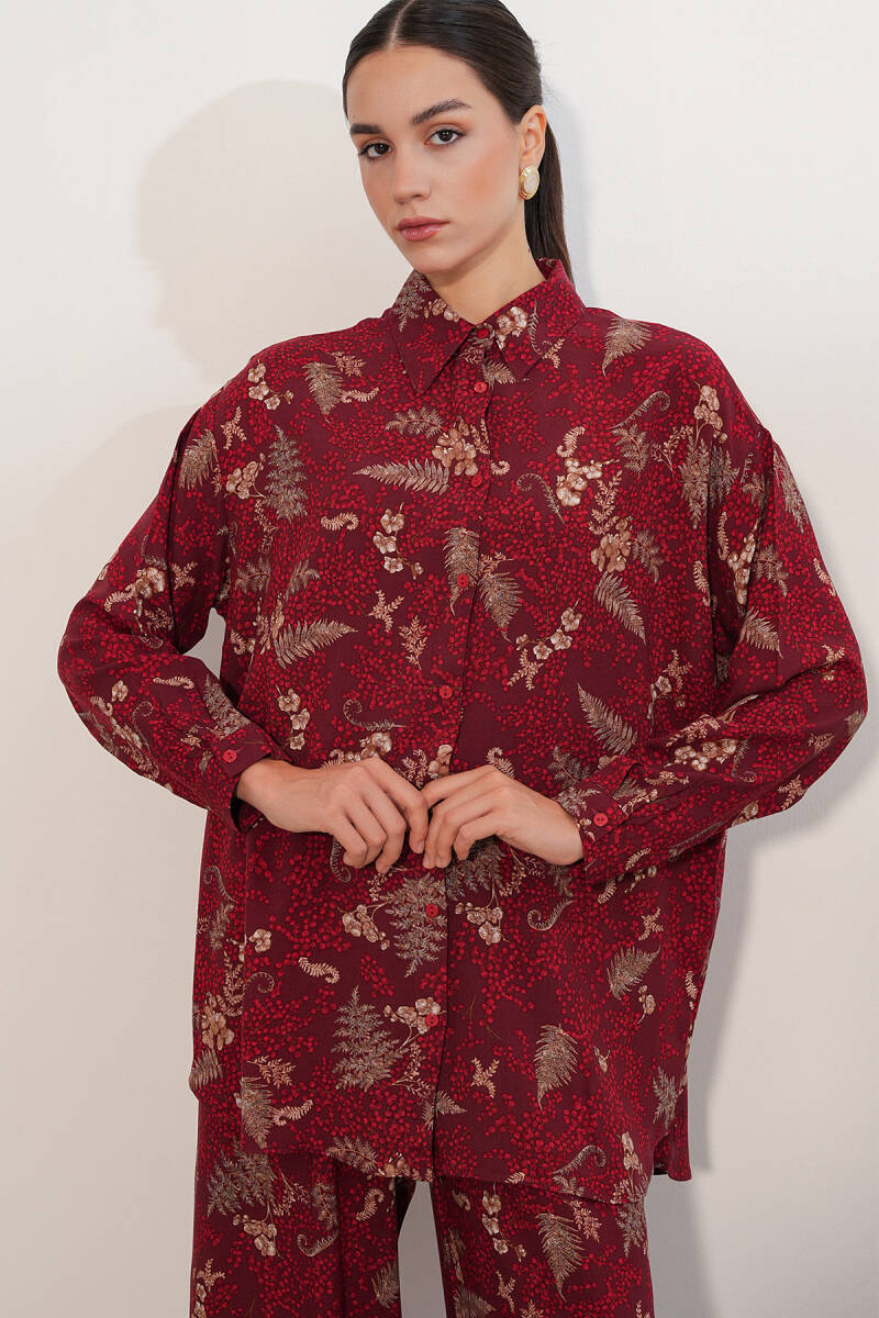 Kadın Desenli Oversize Gömlek Pantolon İkili Takım 30098 - Bordo (1)