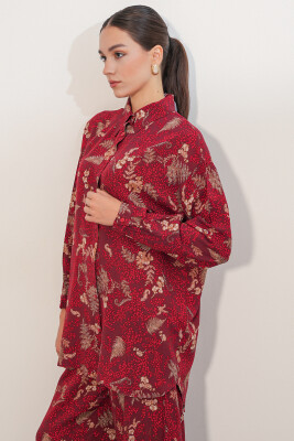Kadın Desenli Oversize Gömlek Pantolon İkili Takım 30098 - Bordo - 4