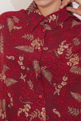 Kadın Desenli Oversize Gömlek Pantolon İkili Takım 30098 - Bordo - 5