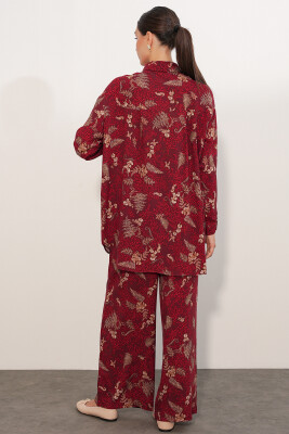 Kadın Desenli Oversize Gömlek Pantolon İkili Takım 30098 - Bordo - 6