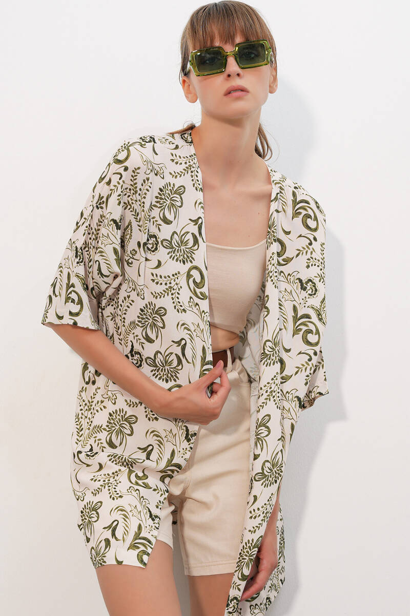 Kadın Desenli Oversize Kimono 5999 - Haki - BİGDART