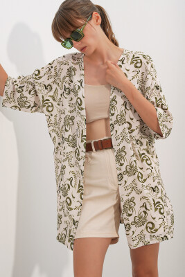 Kadın Desenli Oversize Kimono 5999 - Haki - 3
