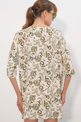 Kadın Desenli Oversize Kimono 5999 - Haki - 5