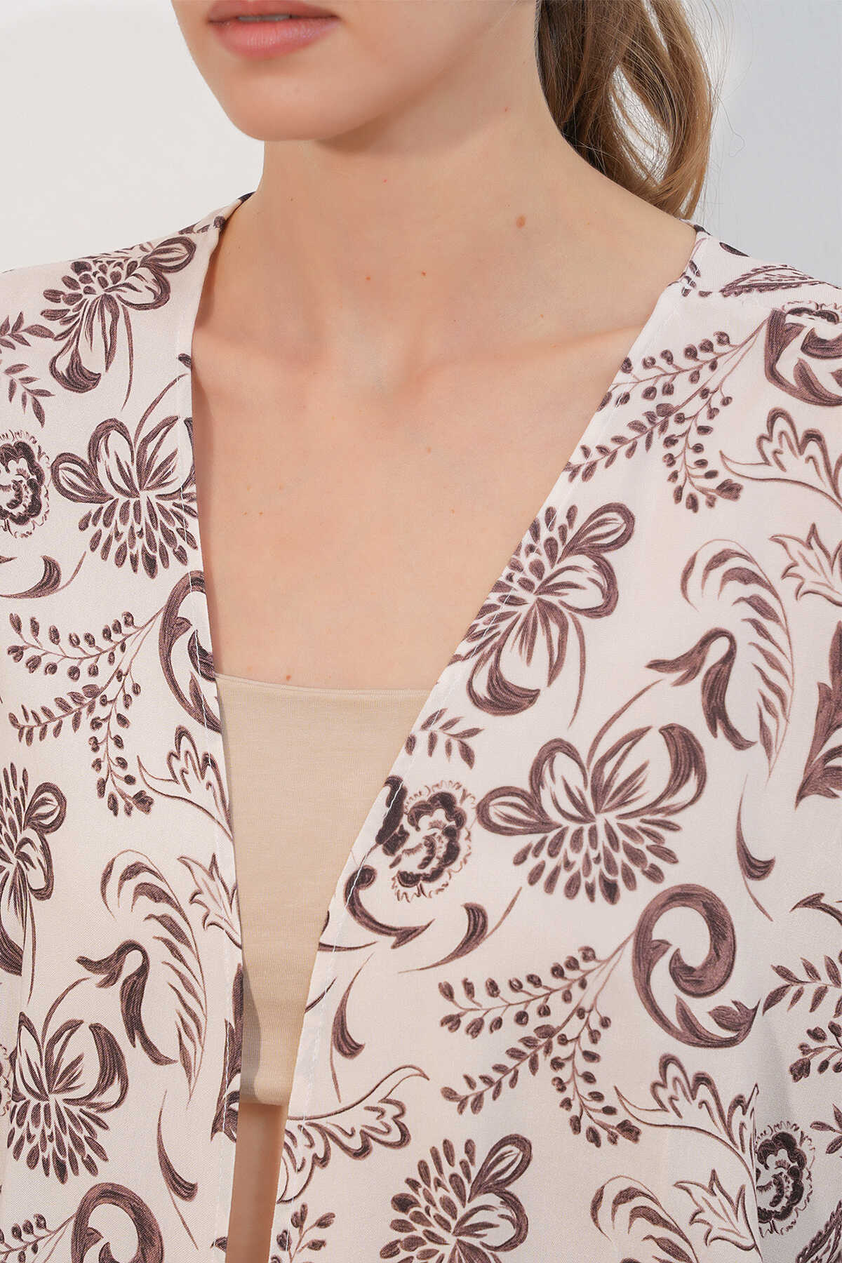 Kadın Desenli Oversize Kimono 5999 - Kahverengi - 4