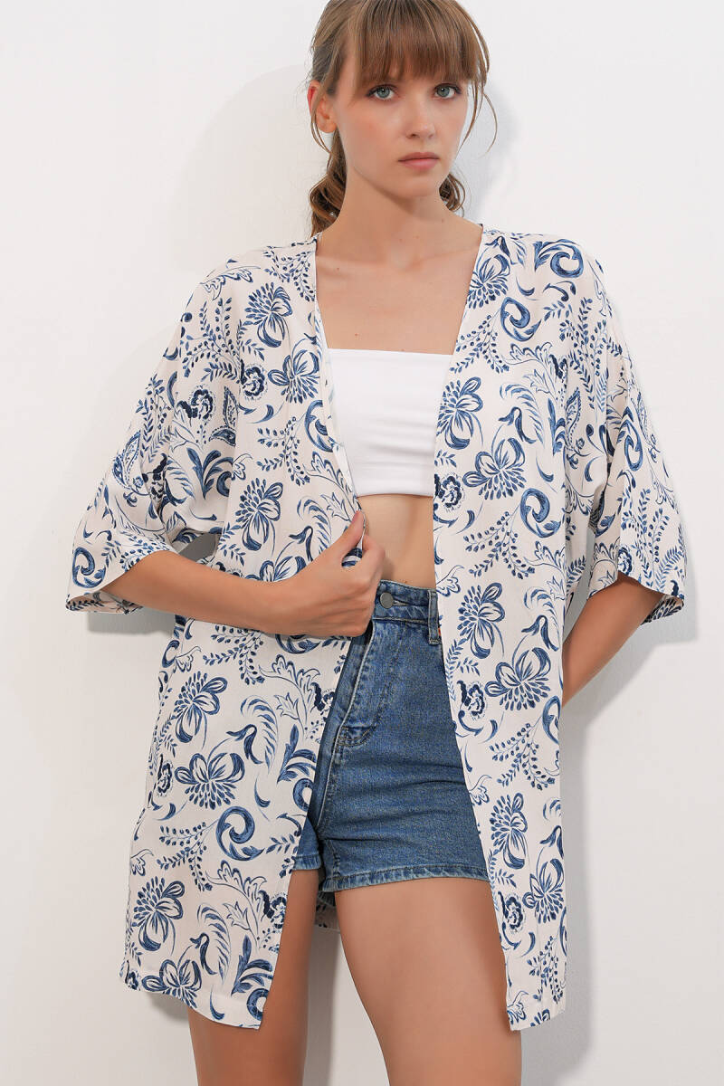 Kadın Desenli Oversize Kimono 5999 - Mavi - BİGDART