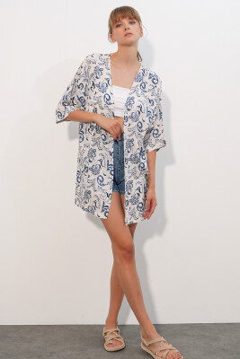 Kadın Desenli Oversize Kimono 5999 - Mavi - 2
