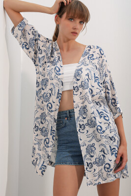 Kadın Desenli Oversize Kimono 5999 - Mavi - 3