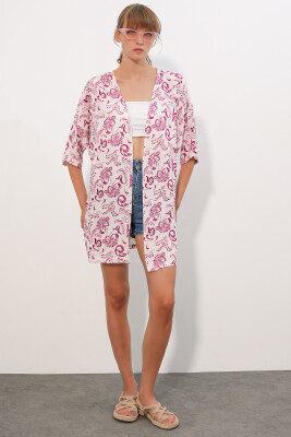 Kadın Desenli Oversize Kimono 5999 - Pembe - 2