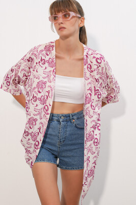 Kadın Desenli Oversize Kimono 5999 - Pembe - 3