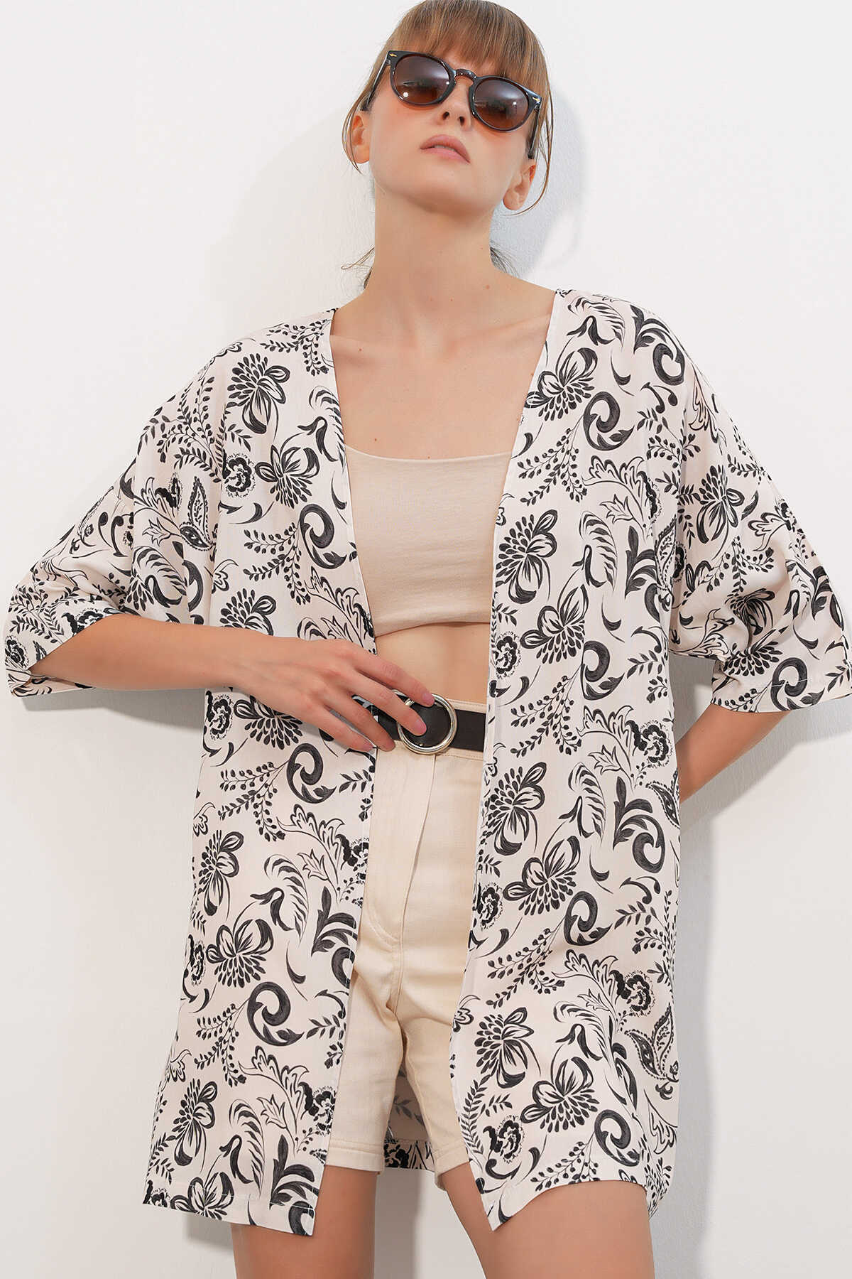 Kadın Desenli Oversize Kimono 5999 - Siyah - 3